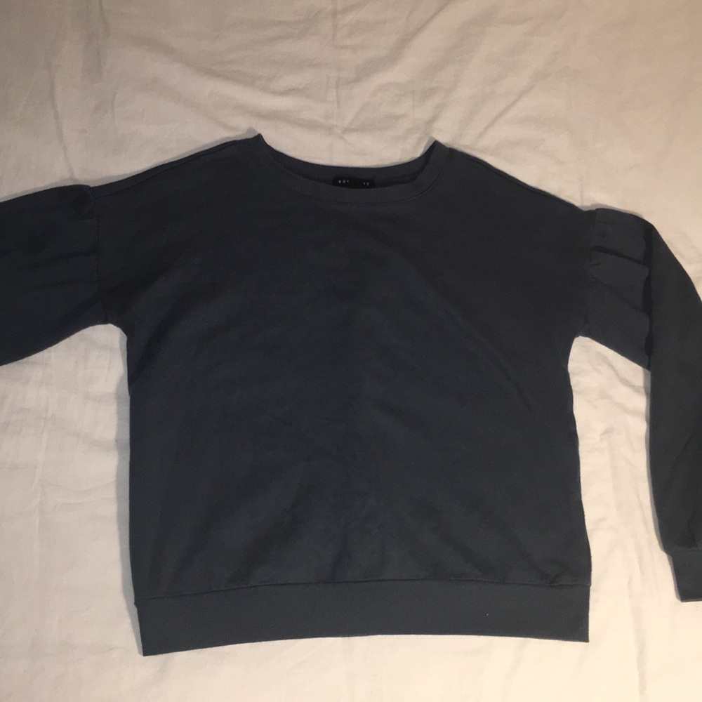 blue/gray crewneck with tie on the back